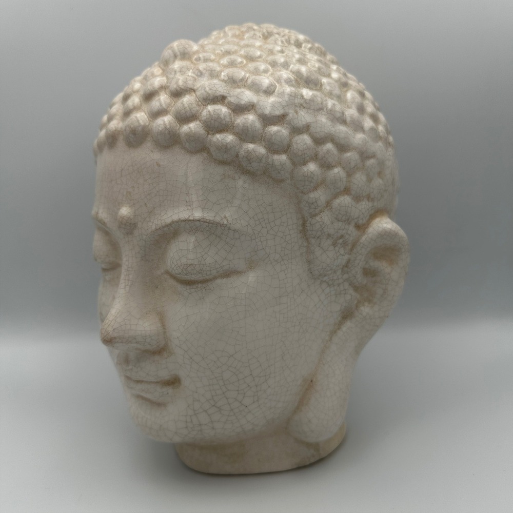 Ceramic Buddha Head Statue Off White Crackle Glaze Zen Decor 9.5 Inch